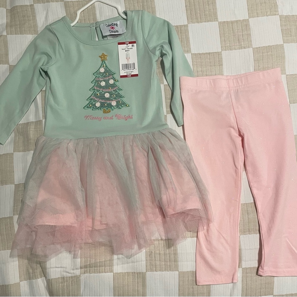 Green and Pink Christmas Tree Dress with Leggings